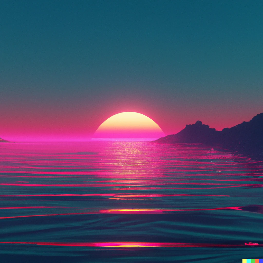 A synthwave style sunset above the reflecting water of the sea, digital art